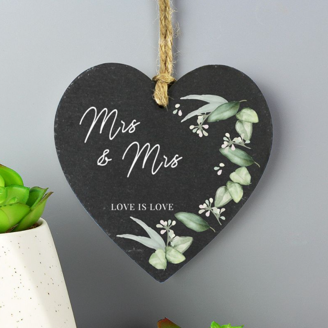 Mrs & Mrs - Lesbian Gay Couple Slate Botanical Heart Decoration | Gift