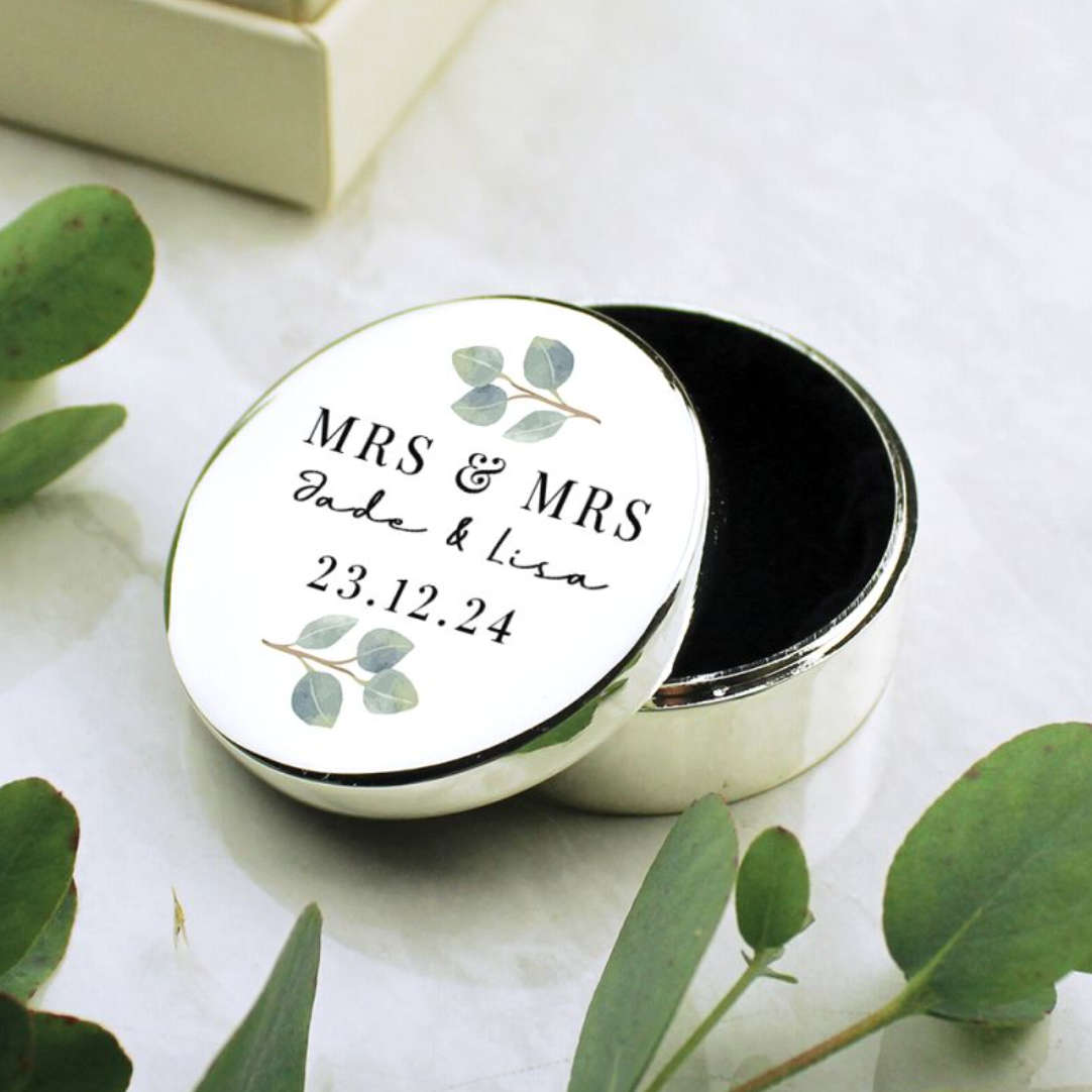 Mrs & Mrs - Lesbian Gay Couple Personalised Botanical Ring Box | Wedding Gift