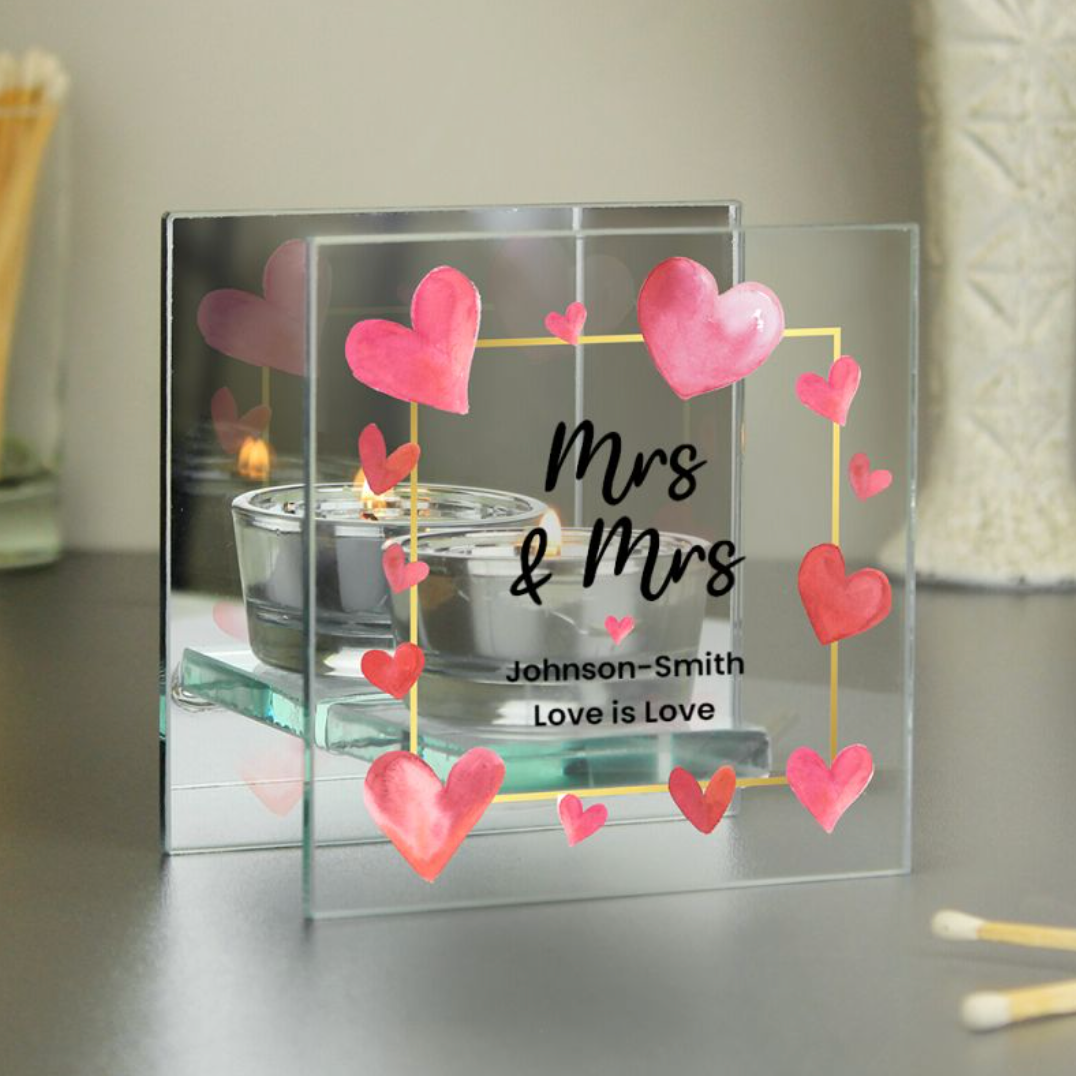 Mrs & Mrs - Lesbian Gay Couple Personalised Hearts Glass Tea Light Holder | Gift