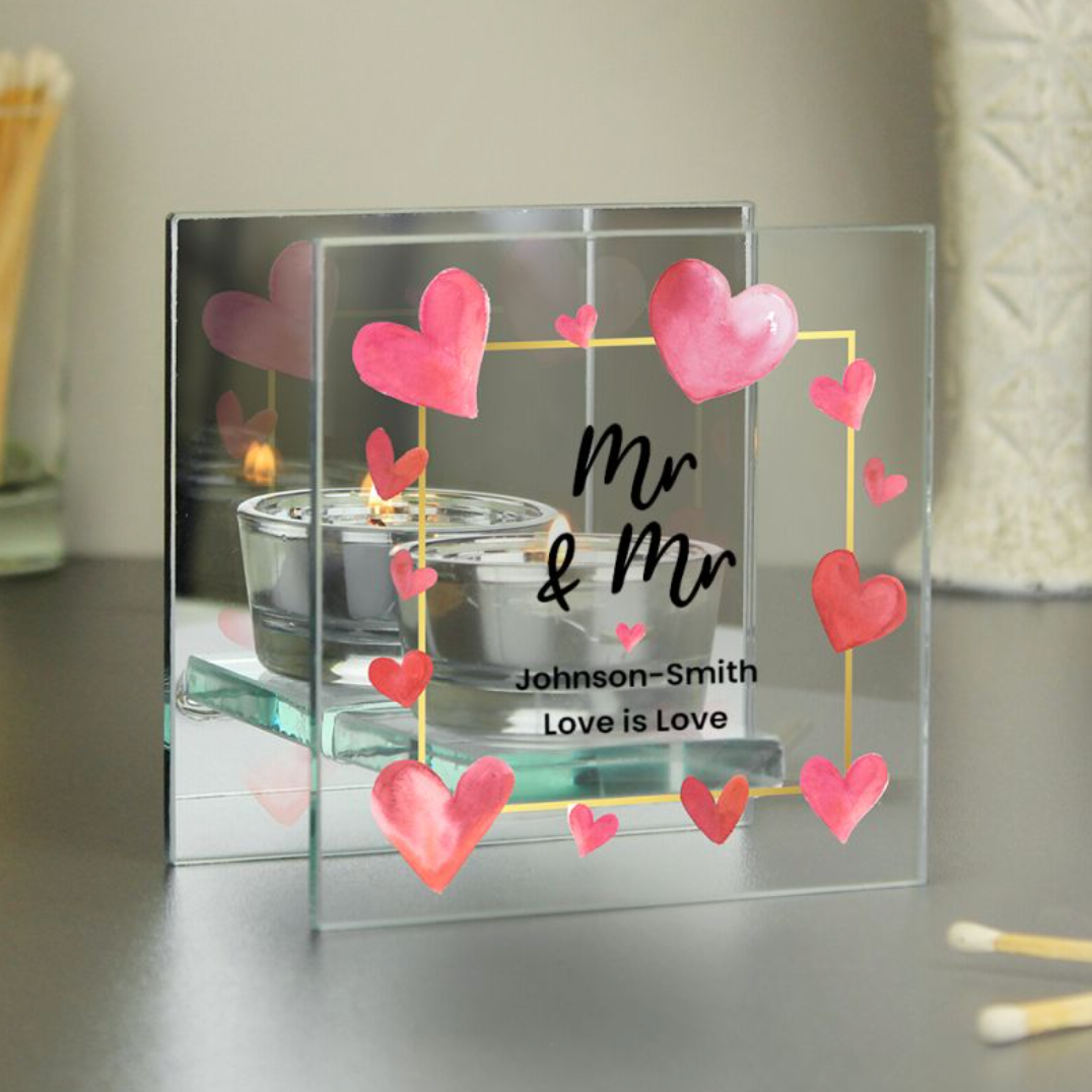 Mr & Mr - Gay Couple Personalised Hearts Glass Tea Light Holder | Gift