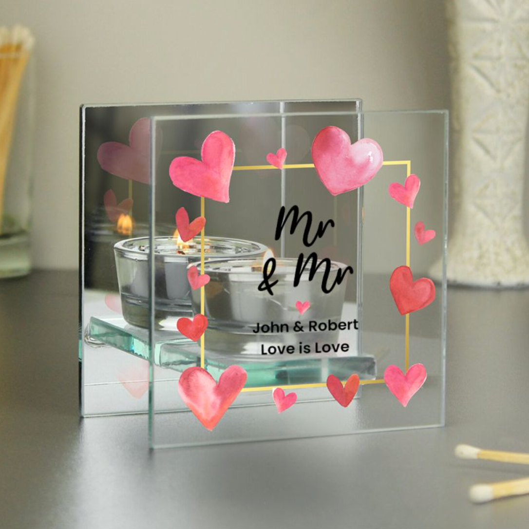 Mr & Mr - Gay Couple Personalised Hearts Glass Tea Light Holder | Gift