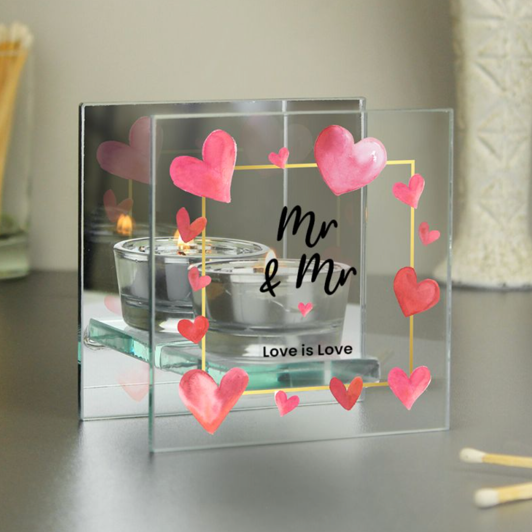 Mr & Mr - Gay Couple Personalised Hearts Glass Tea Light Holder | Gift