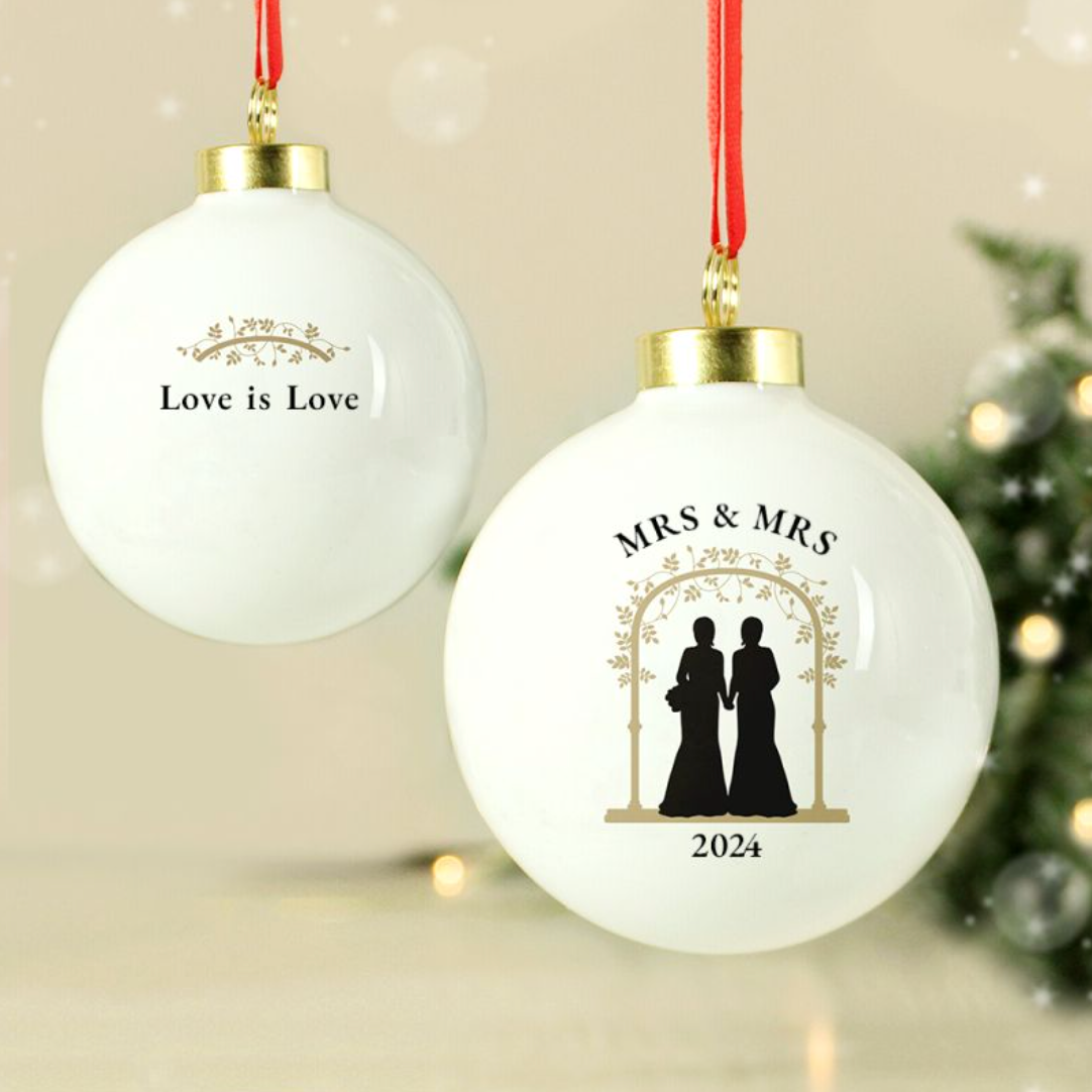 Mrs & Mrs - Lesbian Gay Couple Personalised Wedding Xmas Bauble Decoration | Gift
