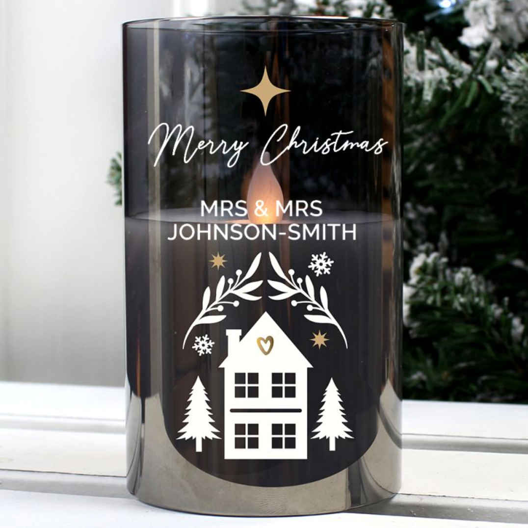 Mrs & Mrs - Lesbian Gay Couple Personalised Christmas Smoked Glass LED Candle | Gift