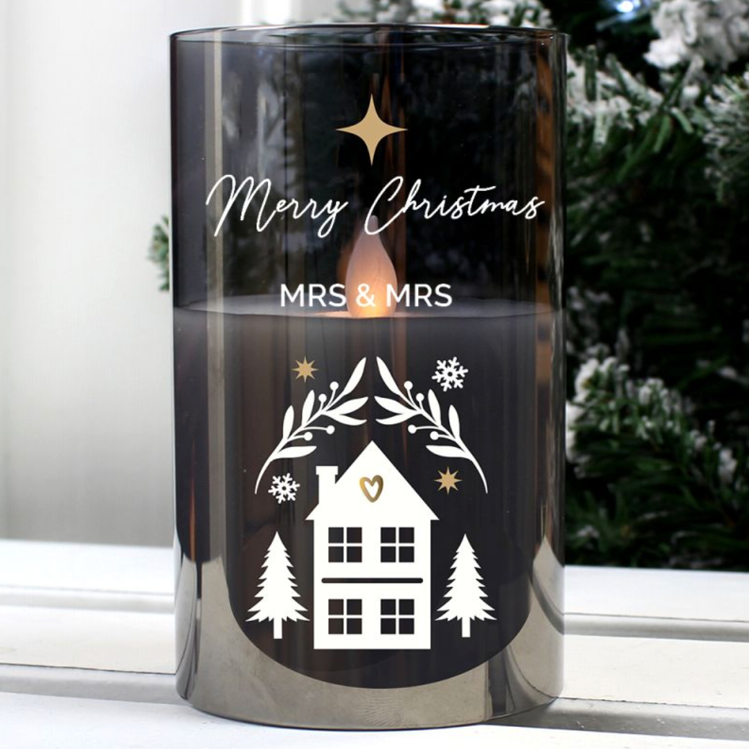 Mrs & Mrs - Lesbian Gay Couple Personalised Christmas Smoked Glass LED Candle | Gift
