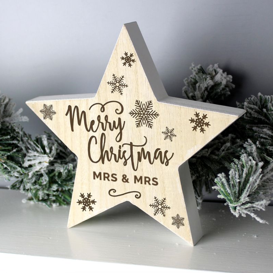 Mrs & Mrs - Lesbian Gay Couple Christmas Wooden Star Decoration | Gift