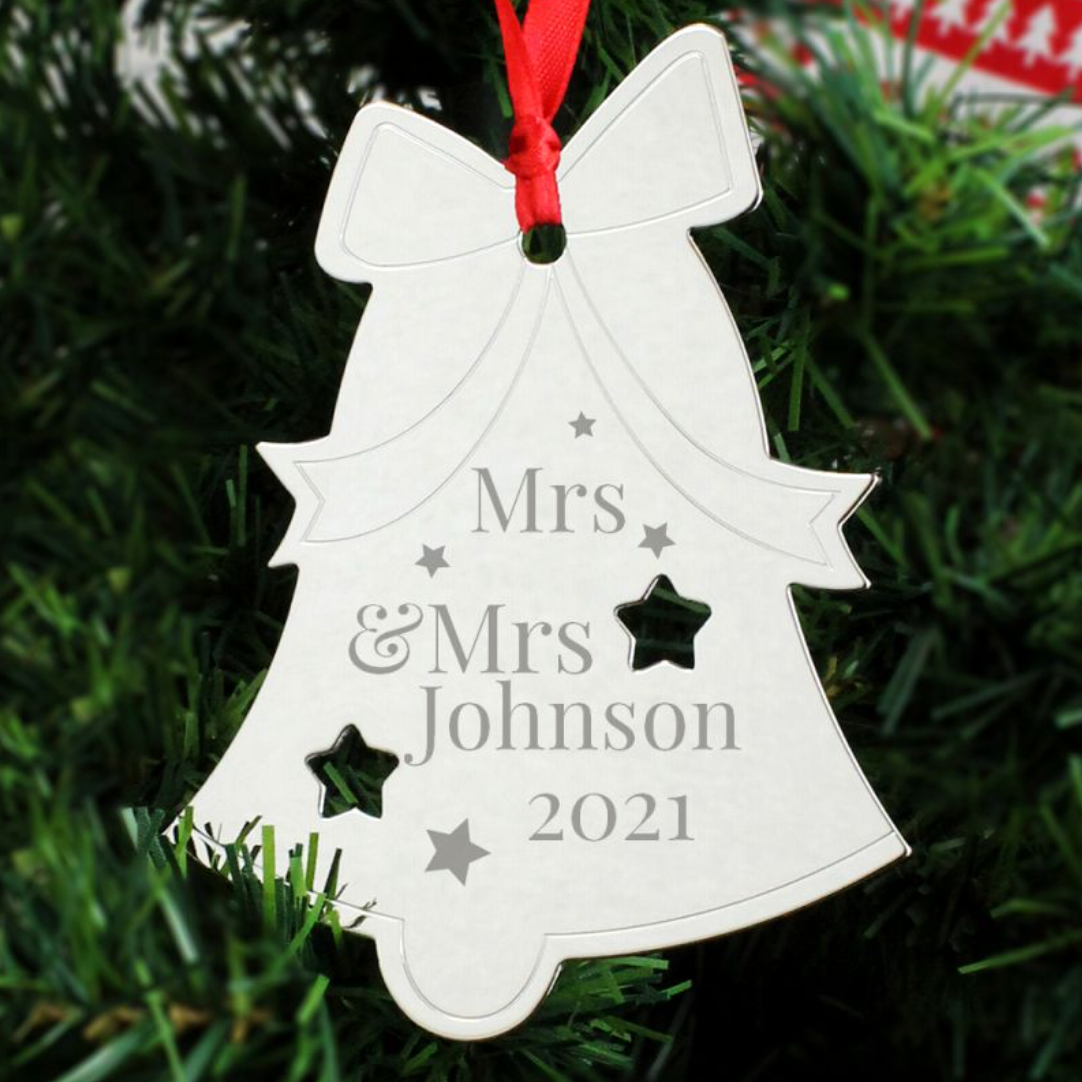 Mrs & Mrs - Lesbian Gay Couple Personalised Bell Xmas Bauble Decoration | Gift