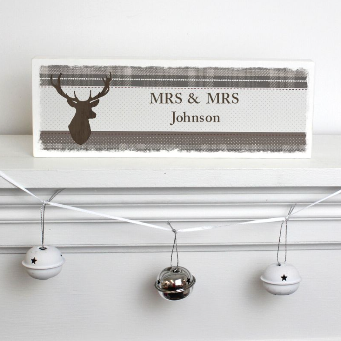 Mrs & Mrs - Lesbian Gay Couple Personalised Christmas Stag Wooden Block | Gift