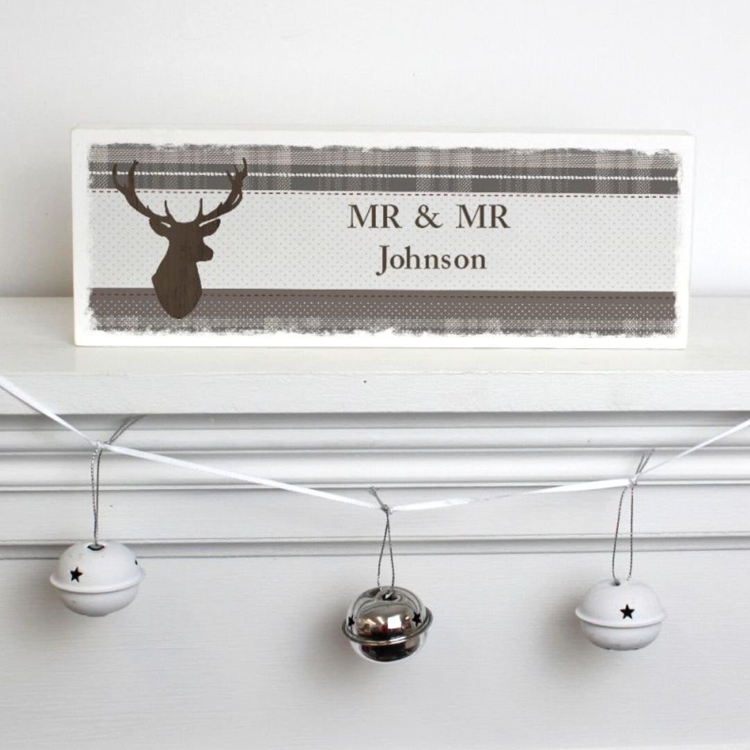 Mr & Mr - Gay Couple Personalised Christmas Stag Wooden Block | Gift