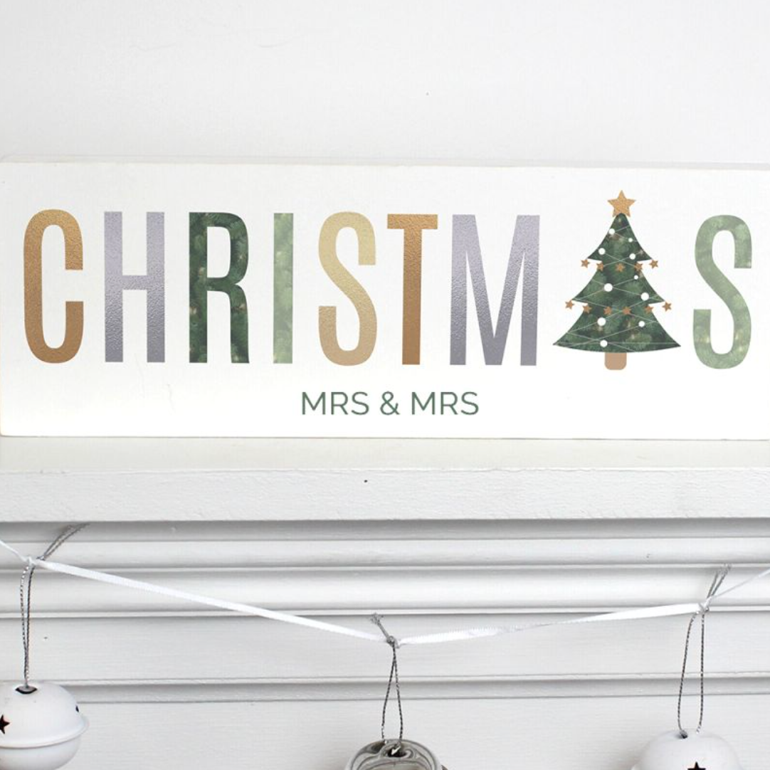 Mrs & Mrs - Lesbian Gay Couple Personalised Multi-Coloured Christmas Wooden Block | Gift