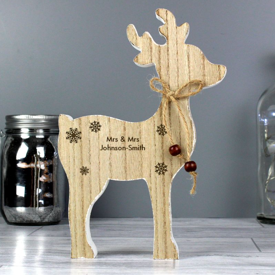 Mrs & Mrs - Lesbian Gay Couple Personalised Christmas Wooden Reindeer Decoration | Gift