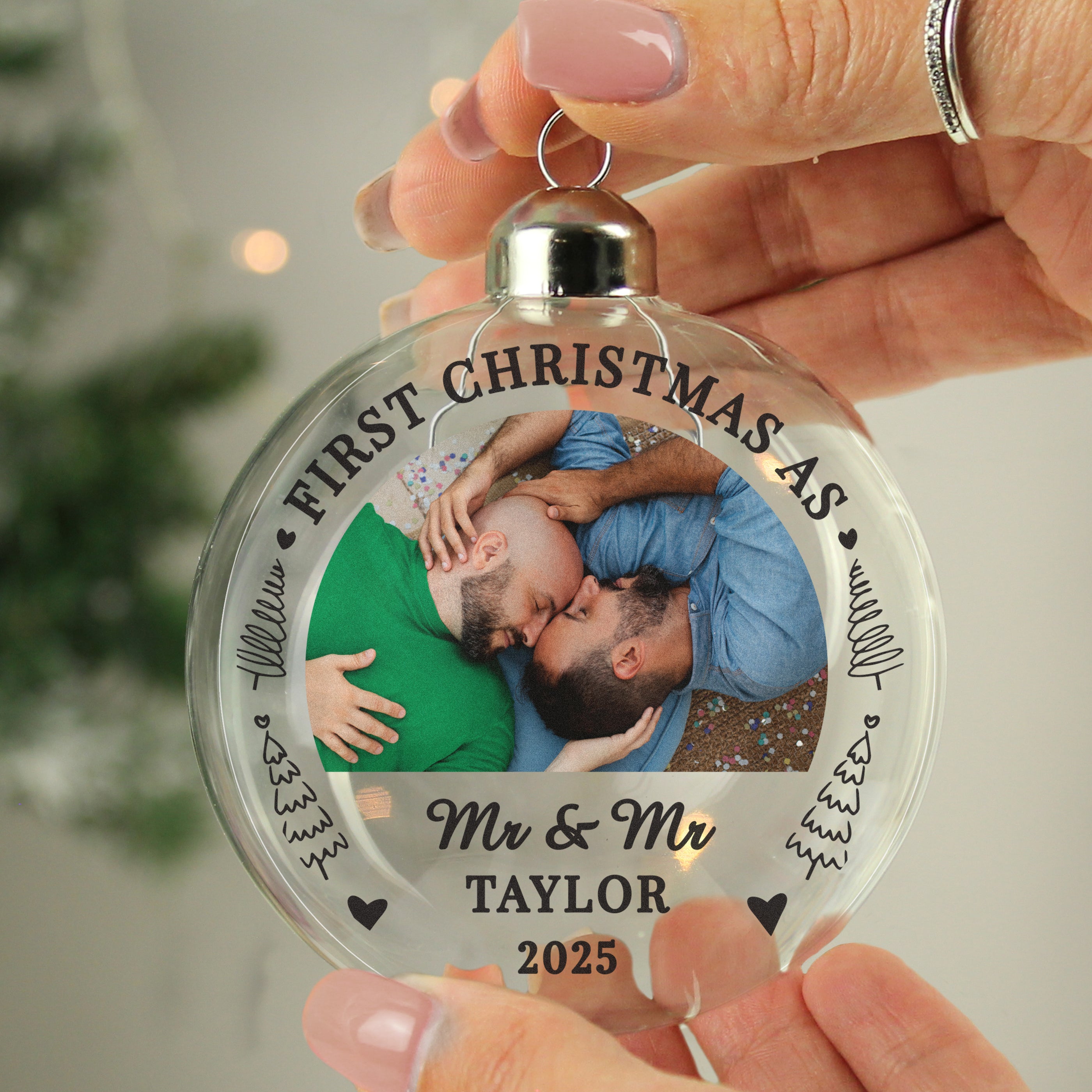 Mr & Mr - Gay Couple Personalised Photo First Christmas Xmas Bauble Decoration | Gift