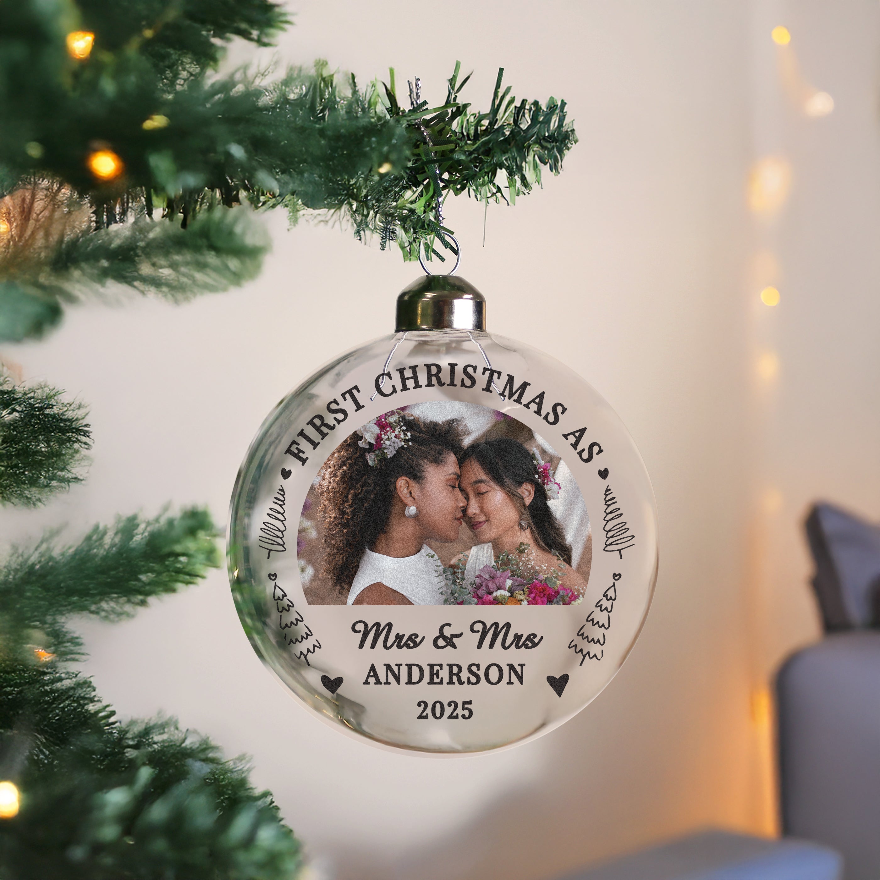 Mrs & Mrs - Lesbian Gay Couple Personalised Photo First Christmas Xmas Bauble | Gift