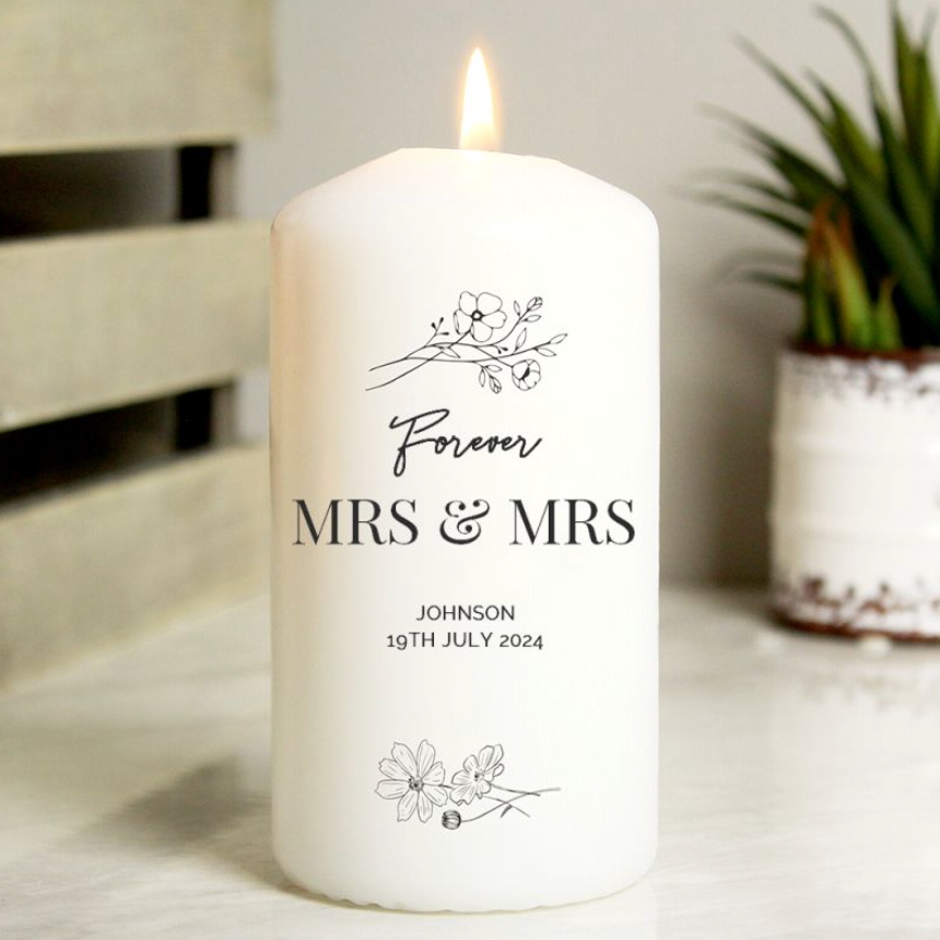 Mrs & Mrs - Lesbian Gay Couple Personalised Pillar Candle | Gift