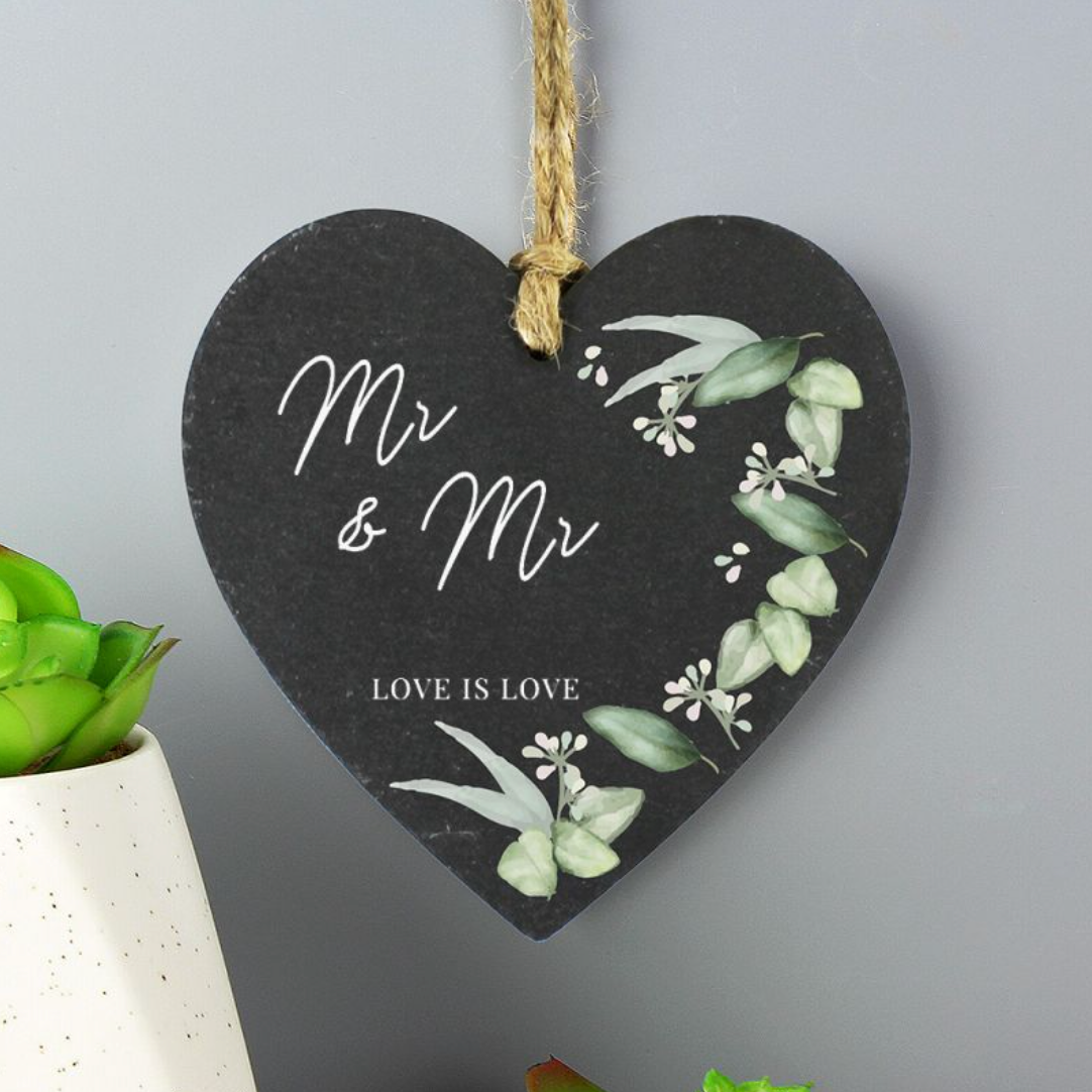 Mr &amp; Mr - Gay Couple Slate Botanical Heart Decoration | Gift