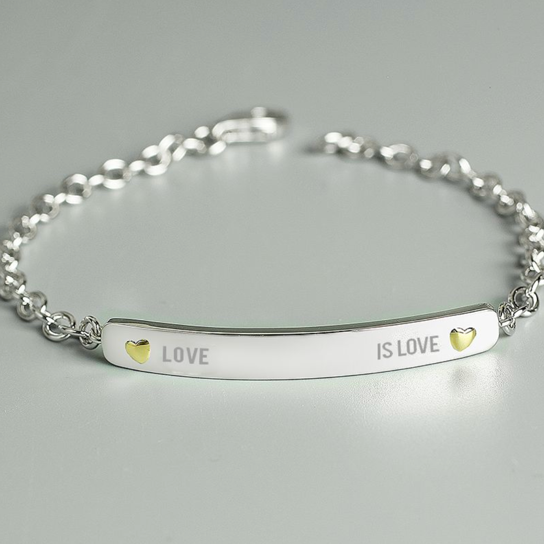 Love is Love - Lesbian Gay Sterling Silver and 9ct Gold Bar Bracelet | Gift