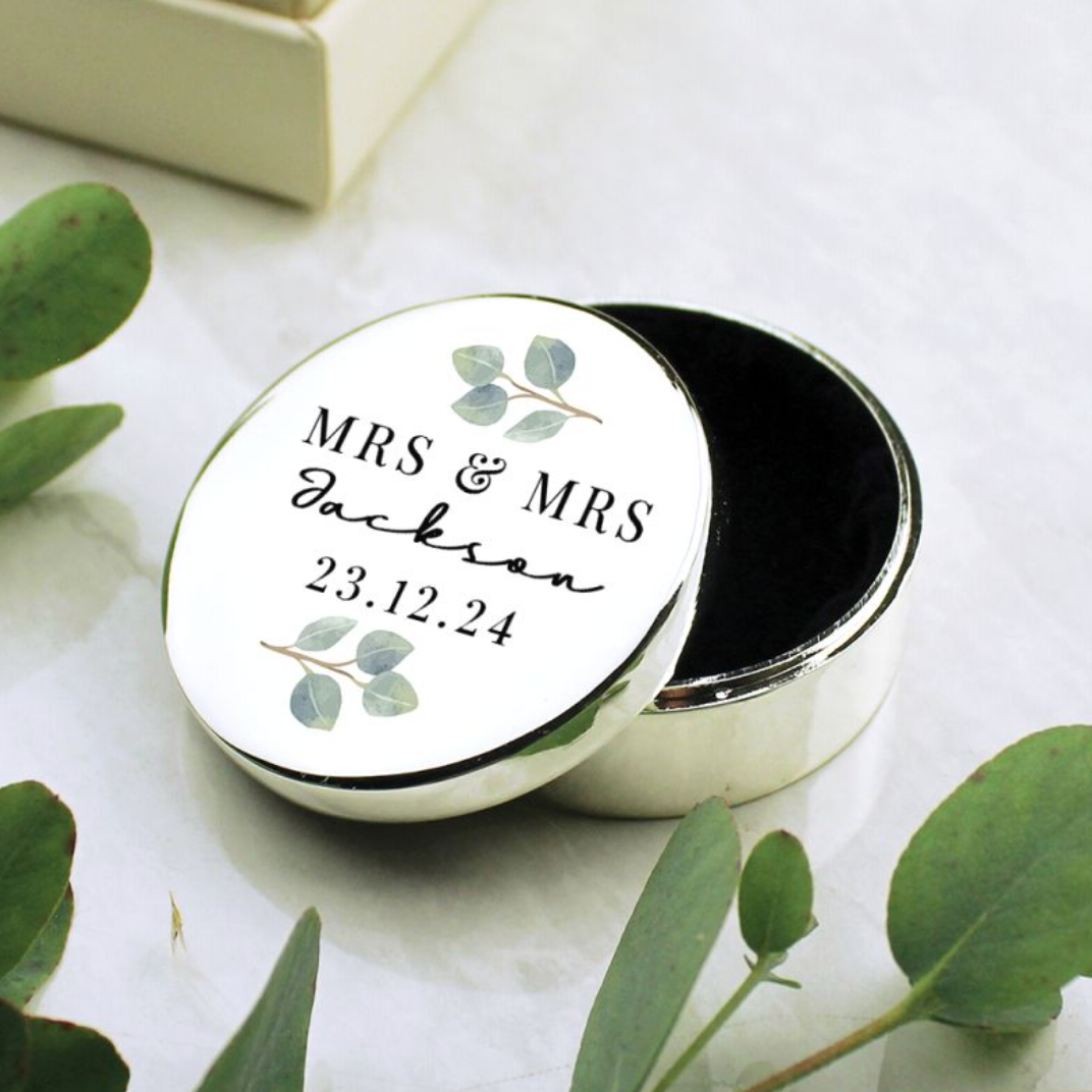 Mrs &amp; Mrs - Lesbian Gay Couple Personalised Botanical Ring Box | Wedding Gift