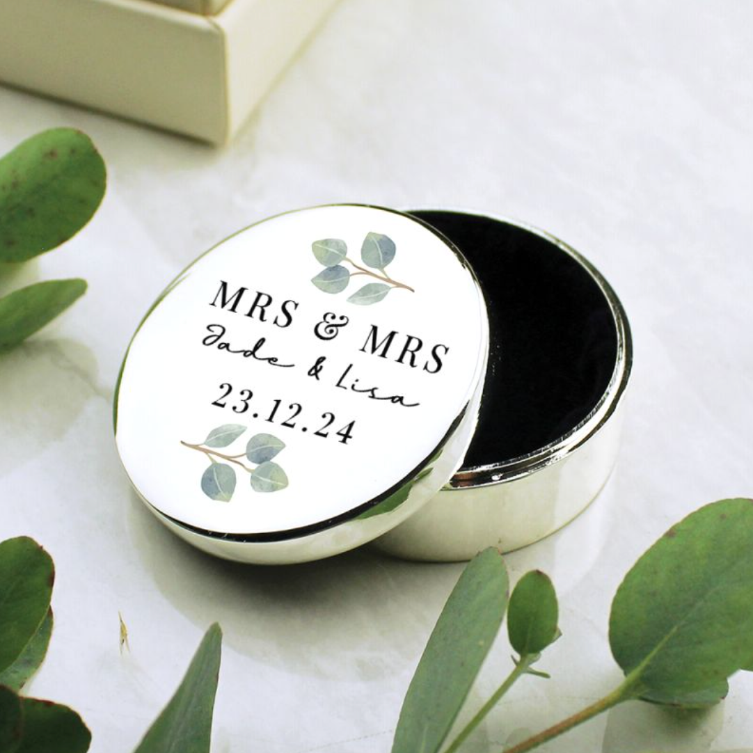 Mrs &amp; Mrs - Lesbian Gay Couple Personalised Botanical Ring Box | Wedding Gift