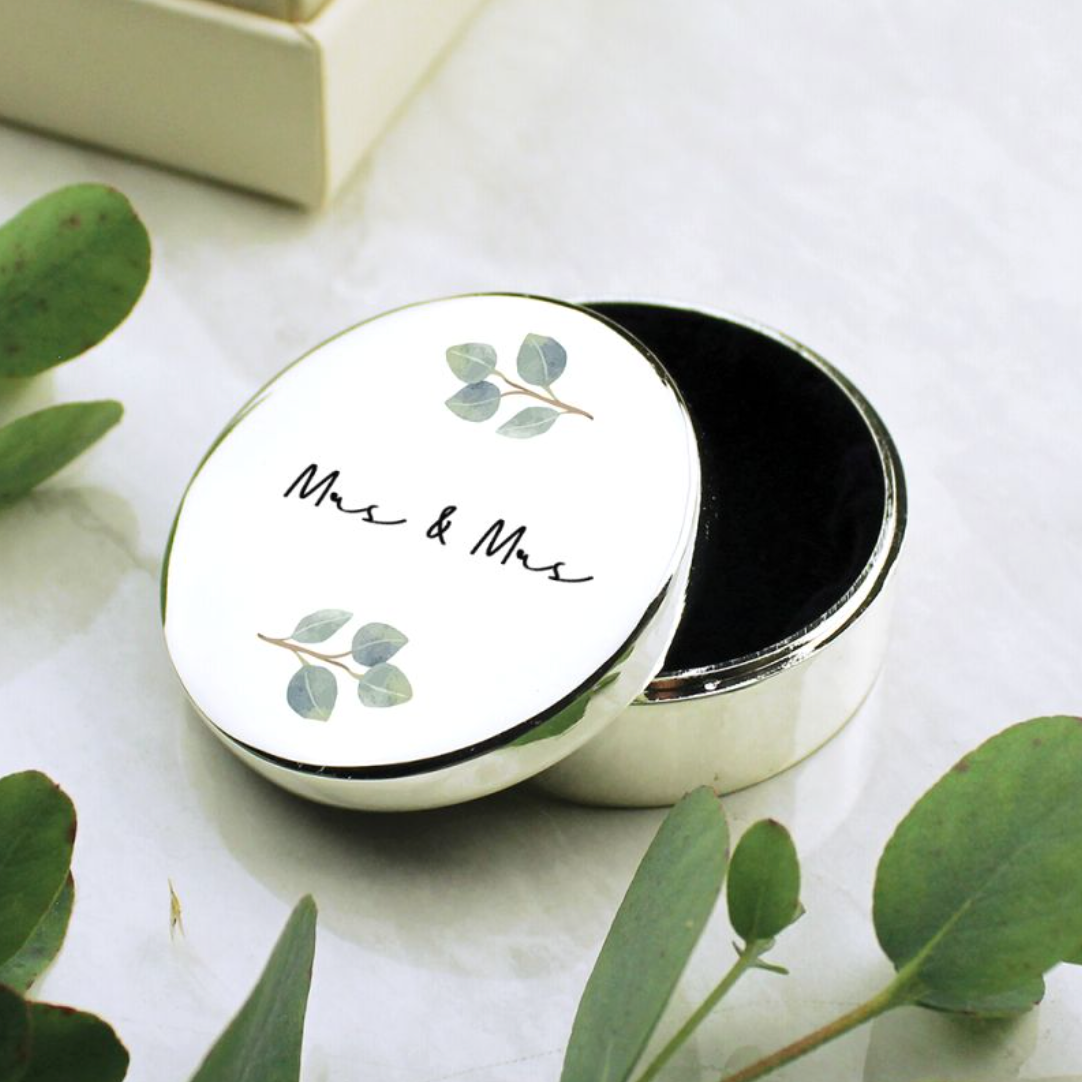 Mrs &amp; Mrs - Lesbian Gay Couple Personalised Botanical Ring Box | Wedding Gift