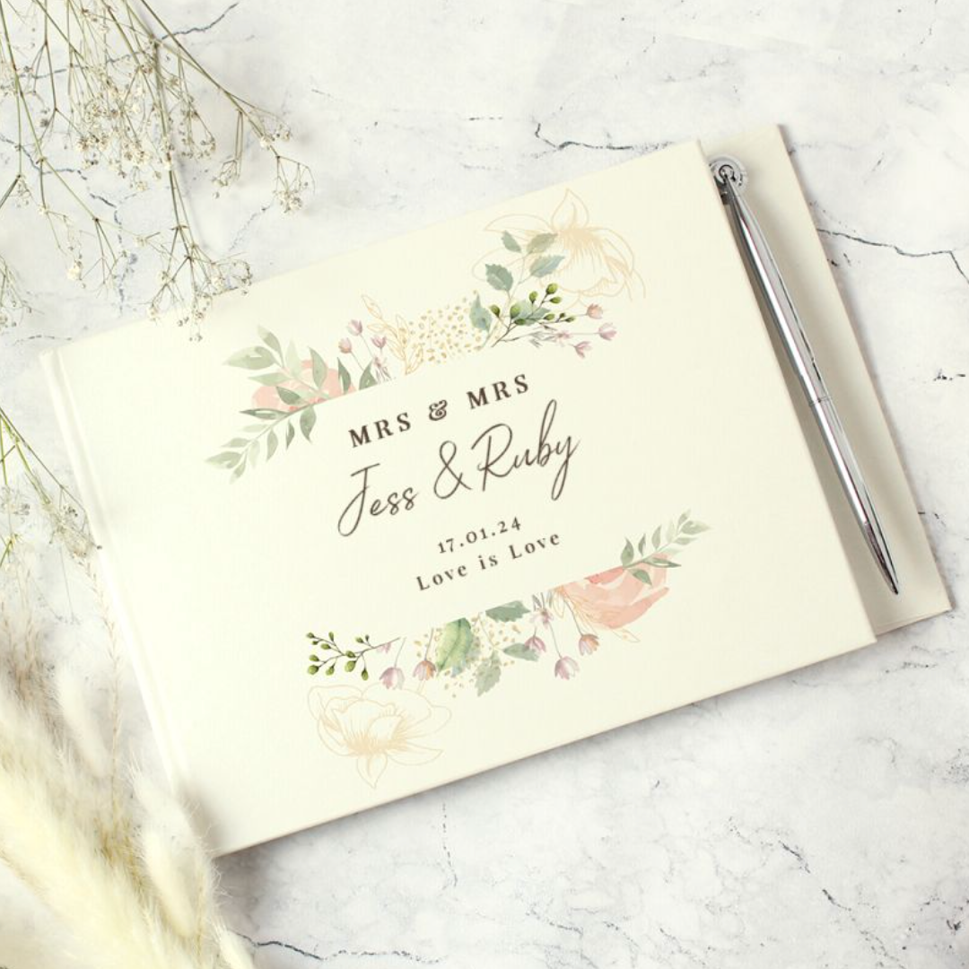 Mrs & Mrs - Lesbian Gay Couple Personalised Floral Guestbook | Wedding Gift