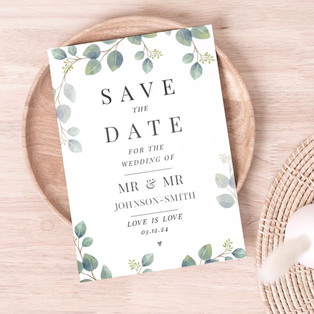 Save the Date - Gay Couple Personalised Pack of 36 Botanical Invitations | Wedding Gift