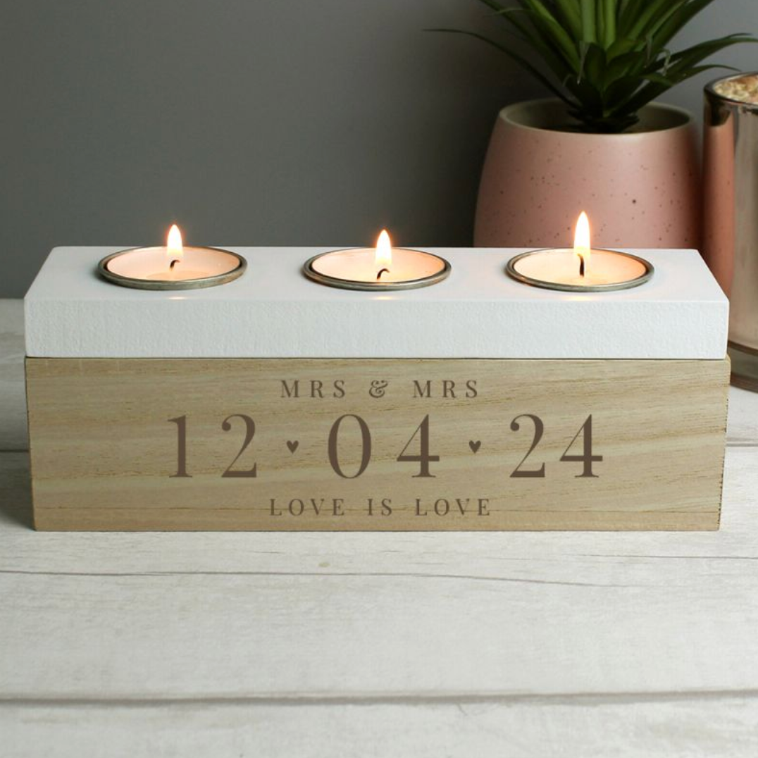 Mrs & Mrs - Lesbian Gay Couple Personalised Special Date Triple Tea Light Box | Gift