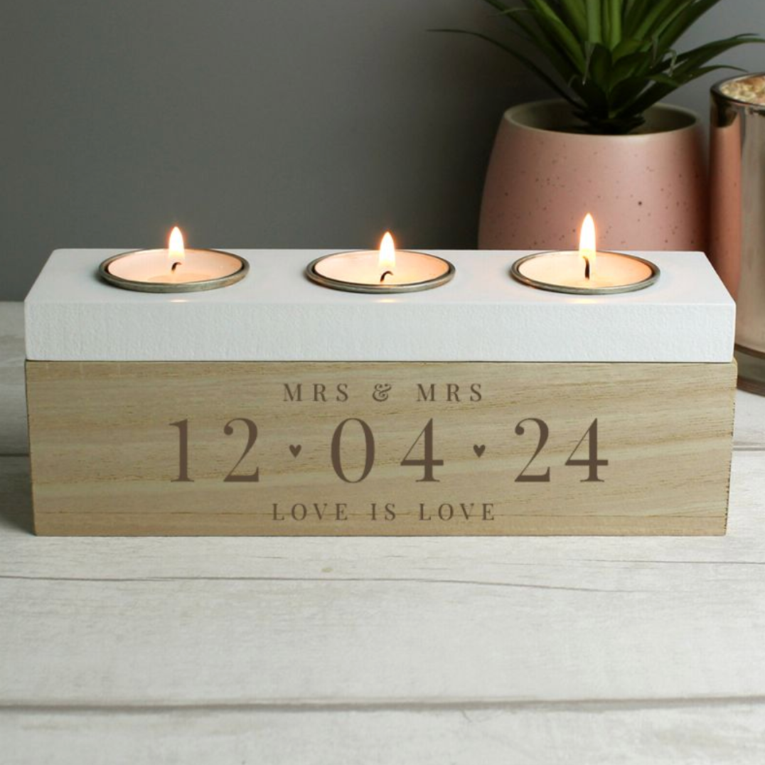 Mrs &amp; Mrs - Lesbian Gay Couple Personalised Special Date Triple Tea Light Box | Gift