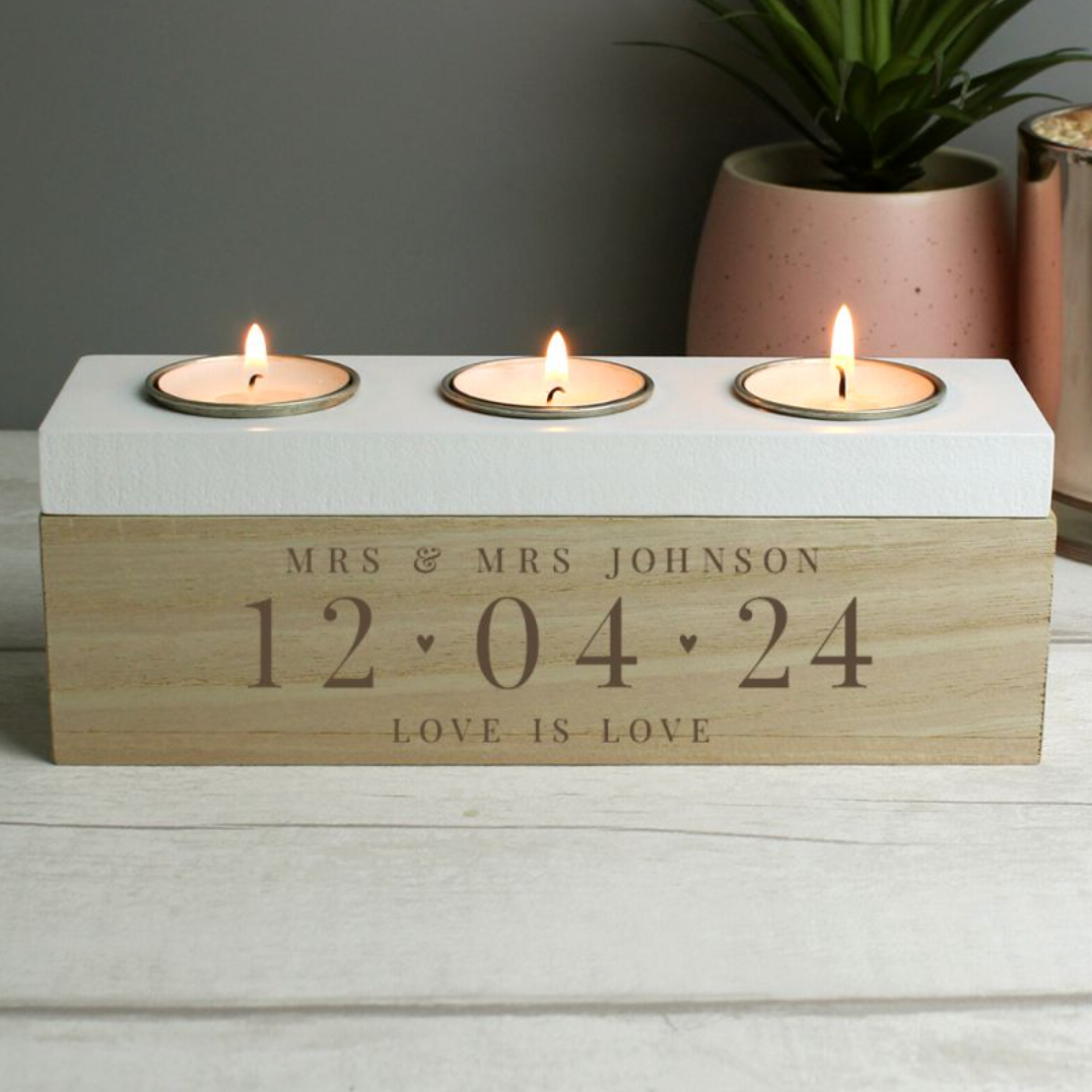 Mrs & Mrs - Lesbian Gay Couple Personalised Special Date Triple Tea Light Box | Gift
