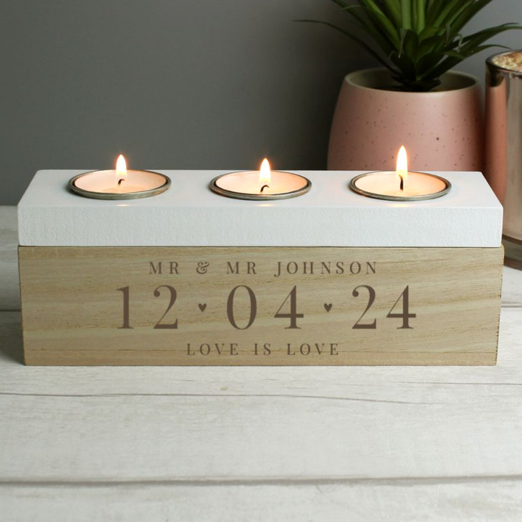 Mr &amp; Mr - Gay Couple Personalised Special Date Triple Tea Light Box | Gift