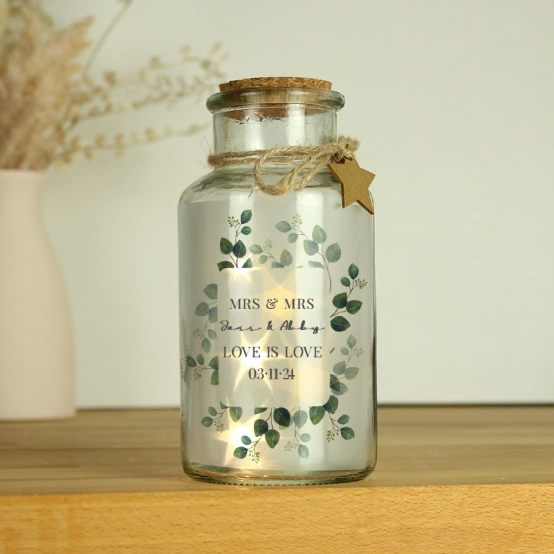 Mrs & Mrs - Lesbian Gay Couple Personalised Botanical LED Glass Jar | Gift