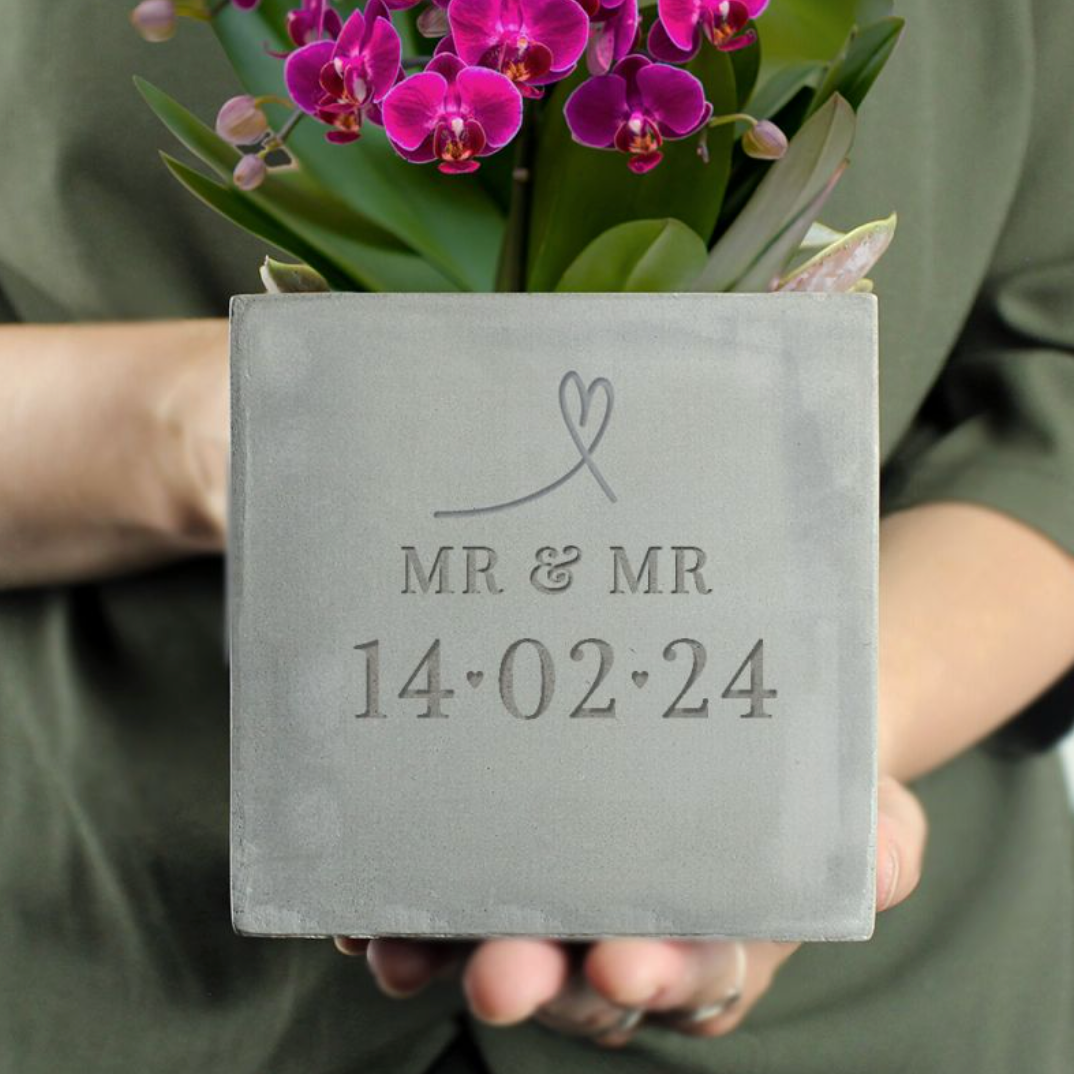 Mr &amp; Mr - Gay Couple Personalised Special Date Concrete Plant Pot | Gift