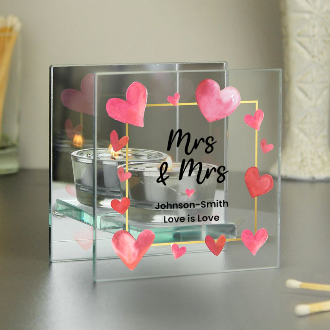 Mrs &amp; Mrs - Lesbian Gay Couple Personalised Hearts Glass Tea Light Holder | Gift