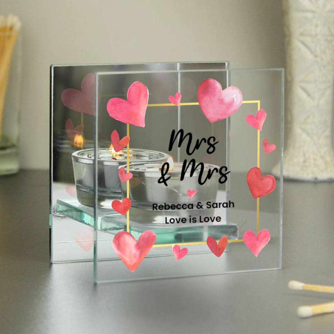 Mrs & Mrs - Lesbian Gay Couple Personalised Hearts Glass Tea Light Holder | Gift