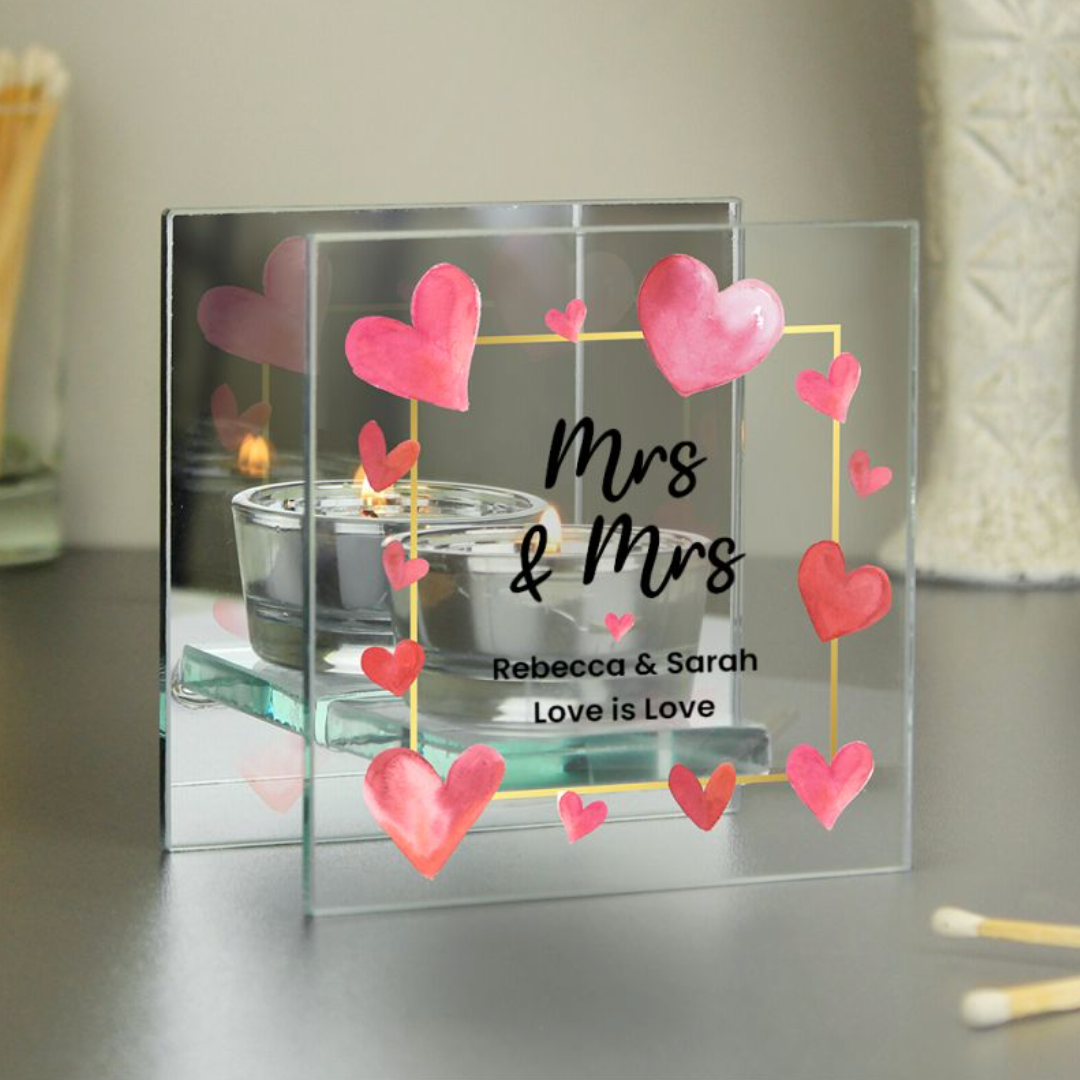 Mrs &amp; Mrs - Lesbian Gay Couple Personalised Hearts Glass Tea Light Holder | Gift