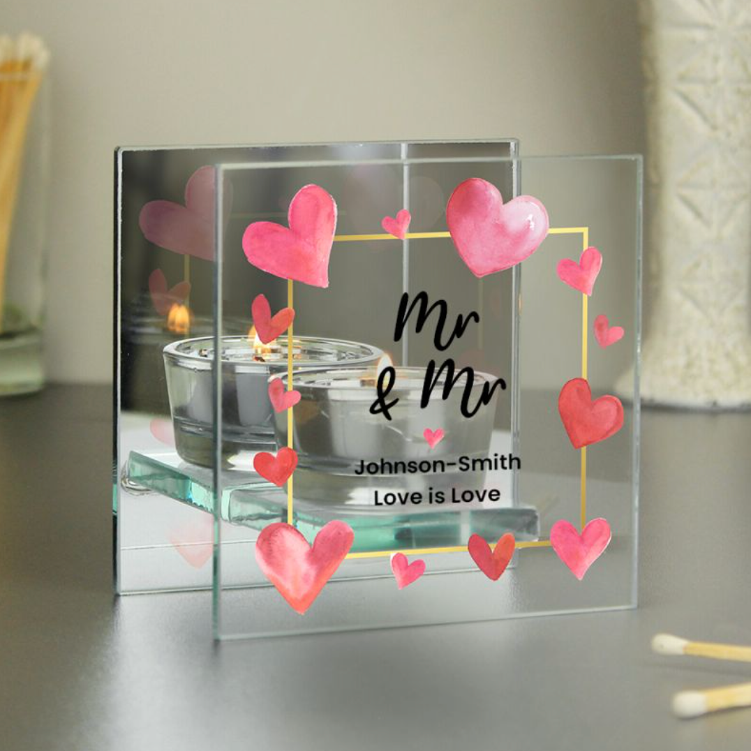 Mr &amp; Mr - Gay Couple Personalised Hearts Glass Tea Light Holder | Gift