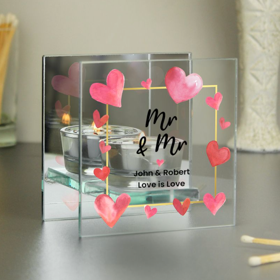 Mr &amp; Mr - Gay Couple Personalised Hearts Glass Tea Light Holder | Gift