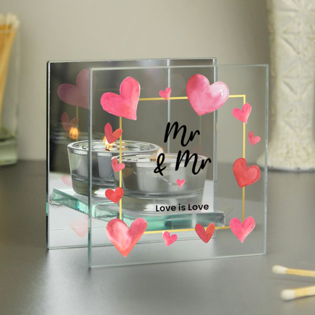 Mr &amp; Mr - Gay Couple Personalised Hearts Glass Tea Light Holder | Gift