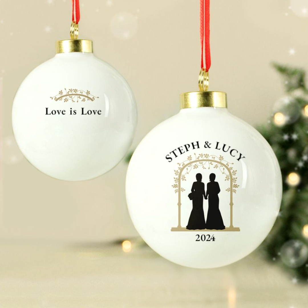 Mrs &amp; Mrs - Lesbian Gay Couple Personalised Wedding Xmas Bauble Decoration | Gift