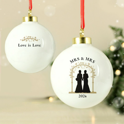 Mrs & Mrs - Lesbian Gay Couple Personalised Wedding Xmas Bauble Decoration | Gift