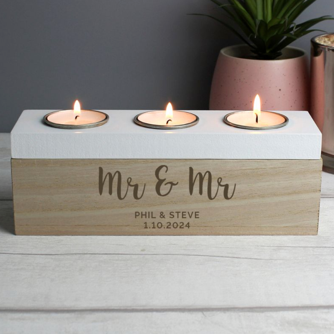 Mr &amp; Mr - Gay Couple Personalised Triple Tea Light Box | Gift