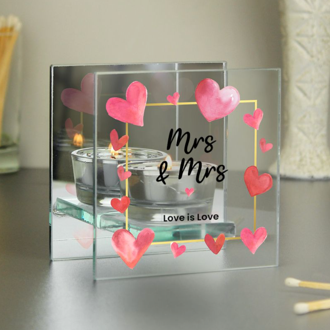 Mrs & Mrs - Lesbian Gay Couple Personalised Hearts Glass Tea Light Holder | Gift