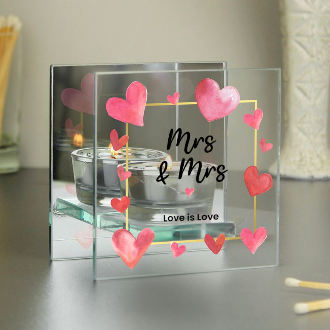 Mrs &amp; Mrs - Lesbian Gay Couple Personalised Hearts Glass Tea Light Holder | Gift