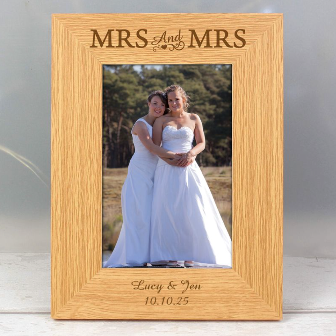 Mrs & Mrs - Lesbian Gay Couple Personalised 4x6 Oak Finish Photo Frame | Gift