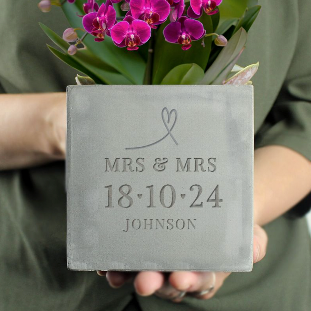 Mrs & Mrs - Lesbian Gay Couple Personalised Special Date Concrete Plant Pot | Gift