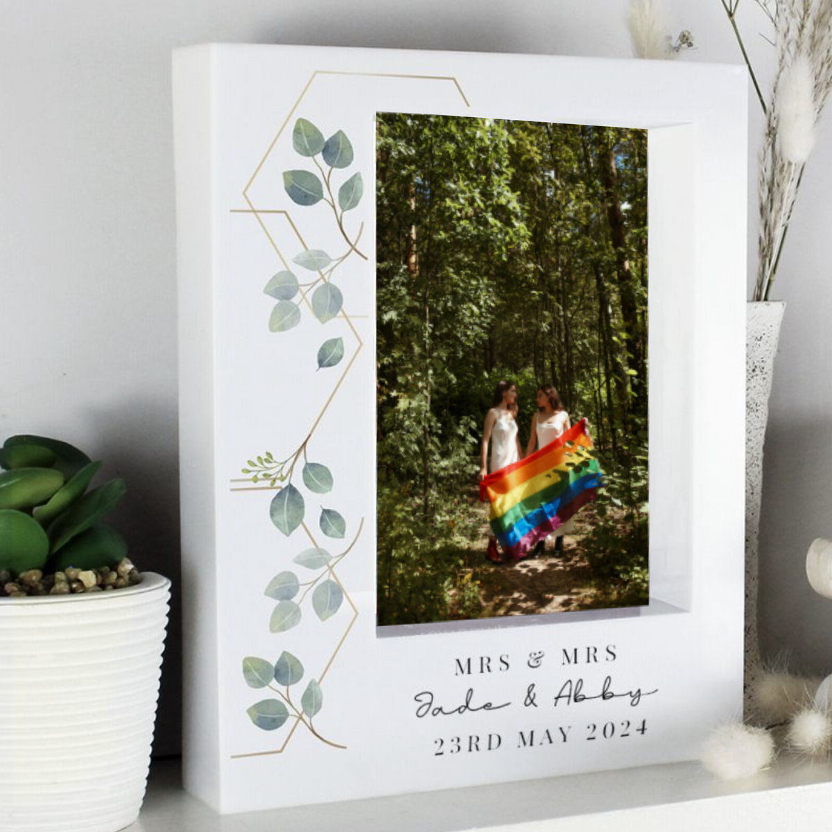 Mrs &amp; Mrs - Lesbian Gay Couple Personalised Botanical Box Photo Frame | Gift