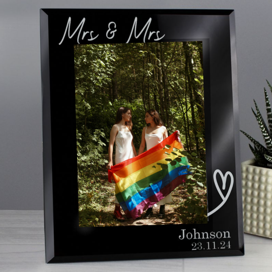 Mrs &amp; Mrs - Lesbian Gay Couple Personalised 5x7 Black Glass Photo Frame | Gift