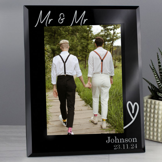 Mr &amp; Mr - Gay Couple Personalised 5x7 Black Glass Photo Frame | Gift