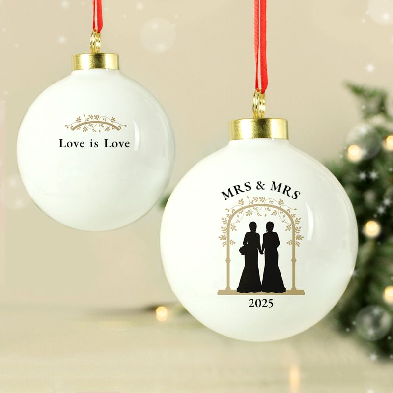 Mrs & Mrs - Lesbian Gay Couple Personalised Wedding Xmas Bauble Decoration | Gift