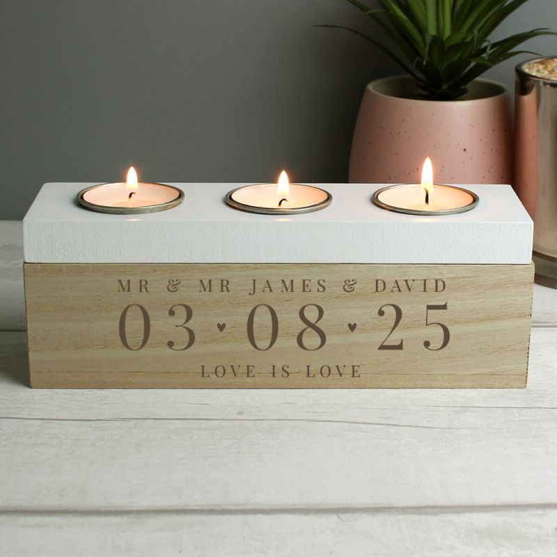 Mr & Mr - Gay Couple Personalised Special Date Triple Tea Light Box | Gift