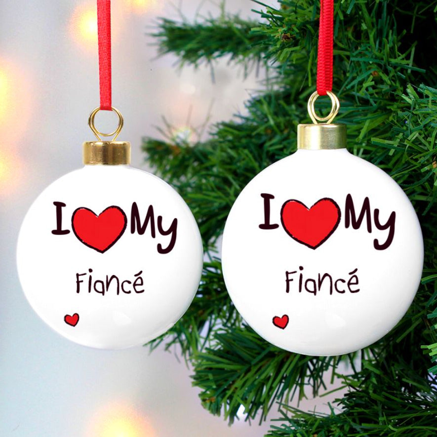 I Love my Husband/Boyfriend/Fiance - Gay Couple - Pair of Xmas Bauble Decorations | Gift
